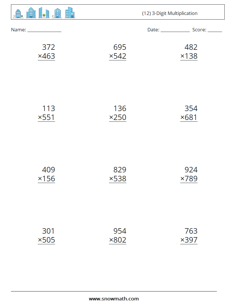 (12) 3-Digit Multiplication Math Worksheets 17