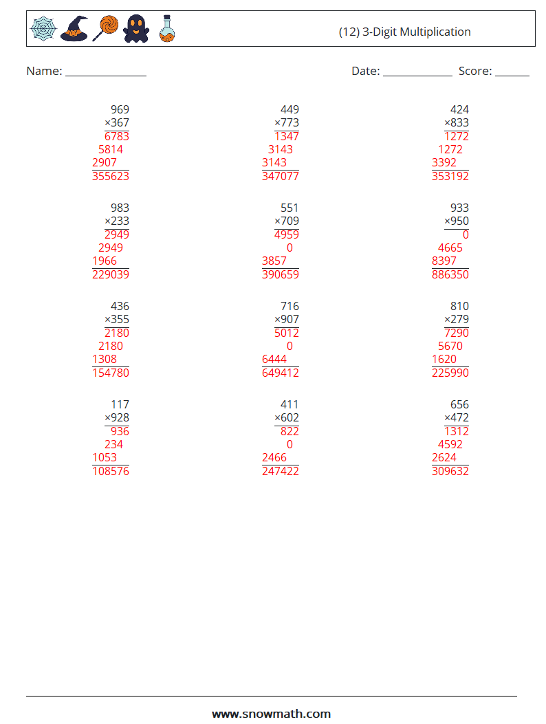 (12) 3-Digit Multiplication Math Worksheets 1 Question, Answer