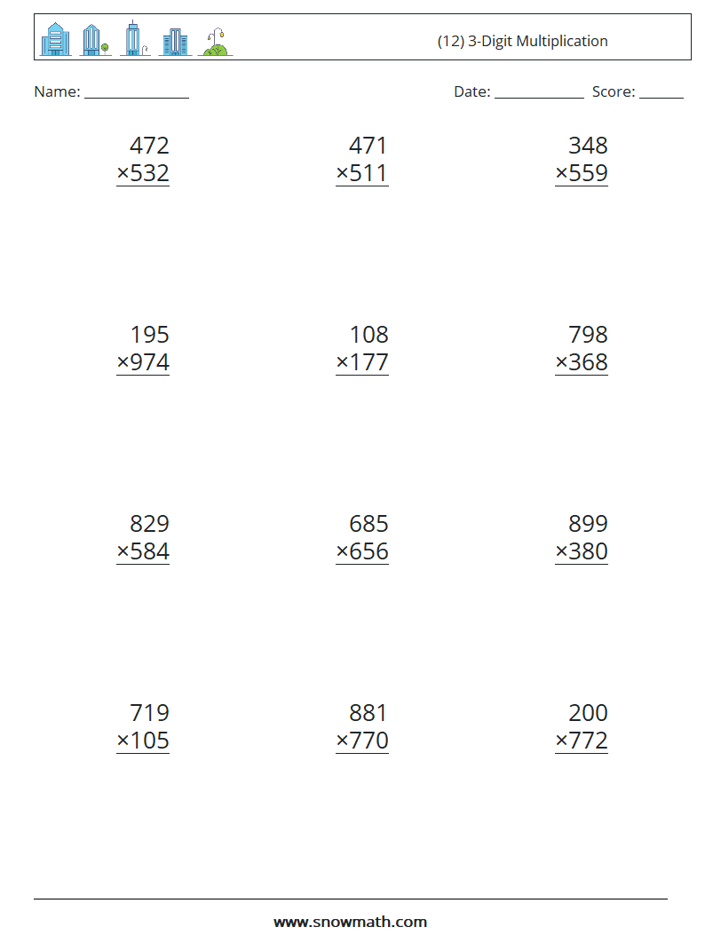 (12) 3-Digit Multiplication Math Worksheets 2