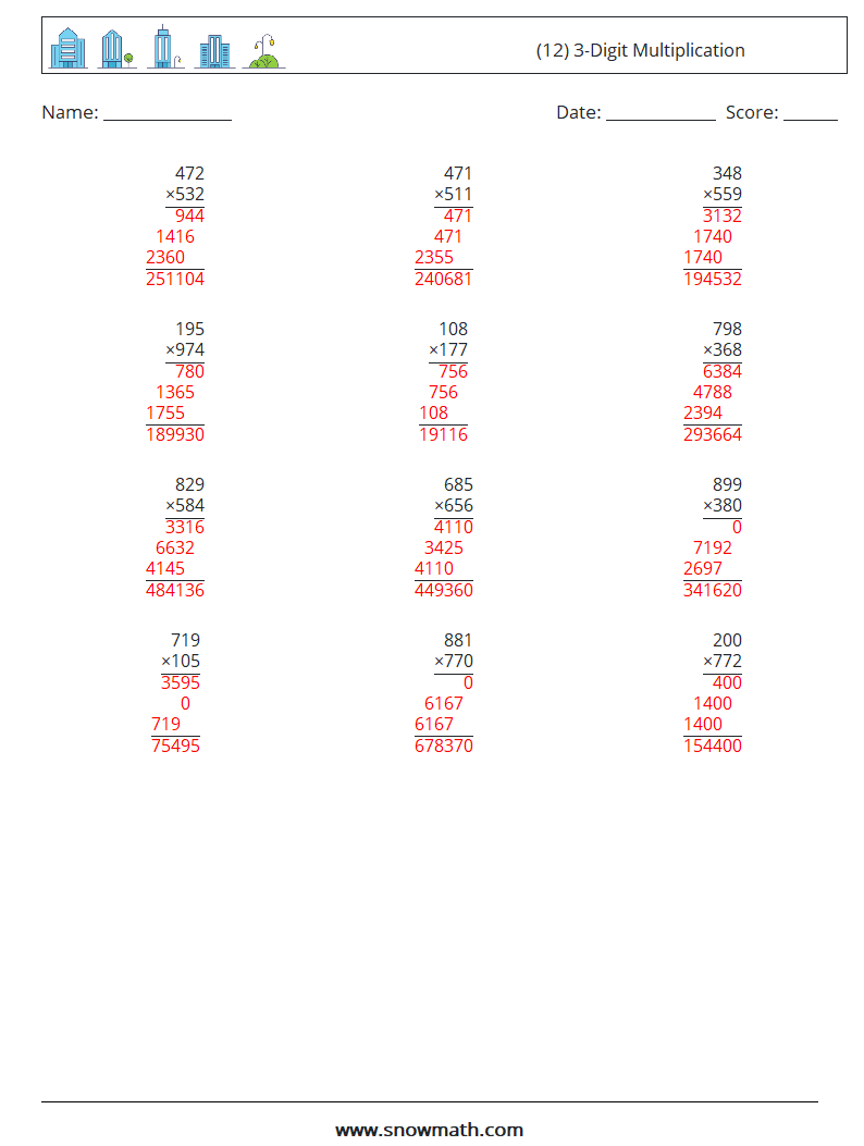 (12) 3-Digit Multiplication Math Worksheets 2 Question, Answer