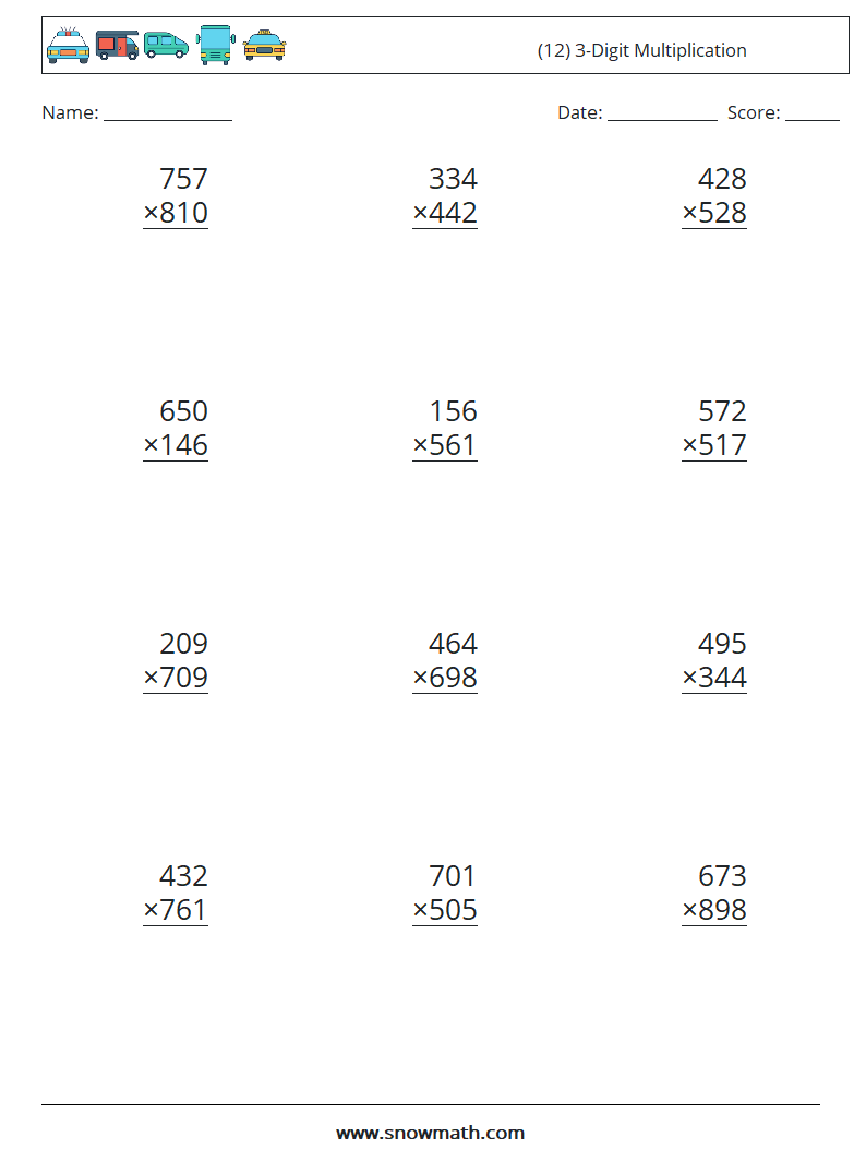 (12) 3-Digit Multiplication Math Worksheets 3