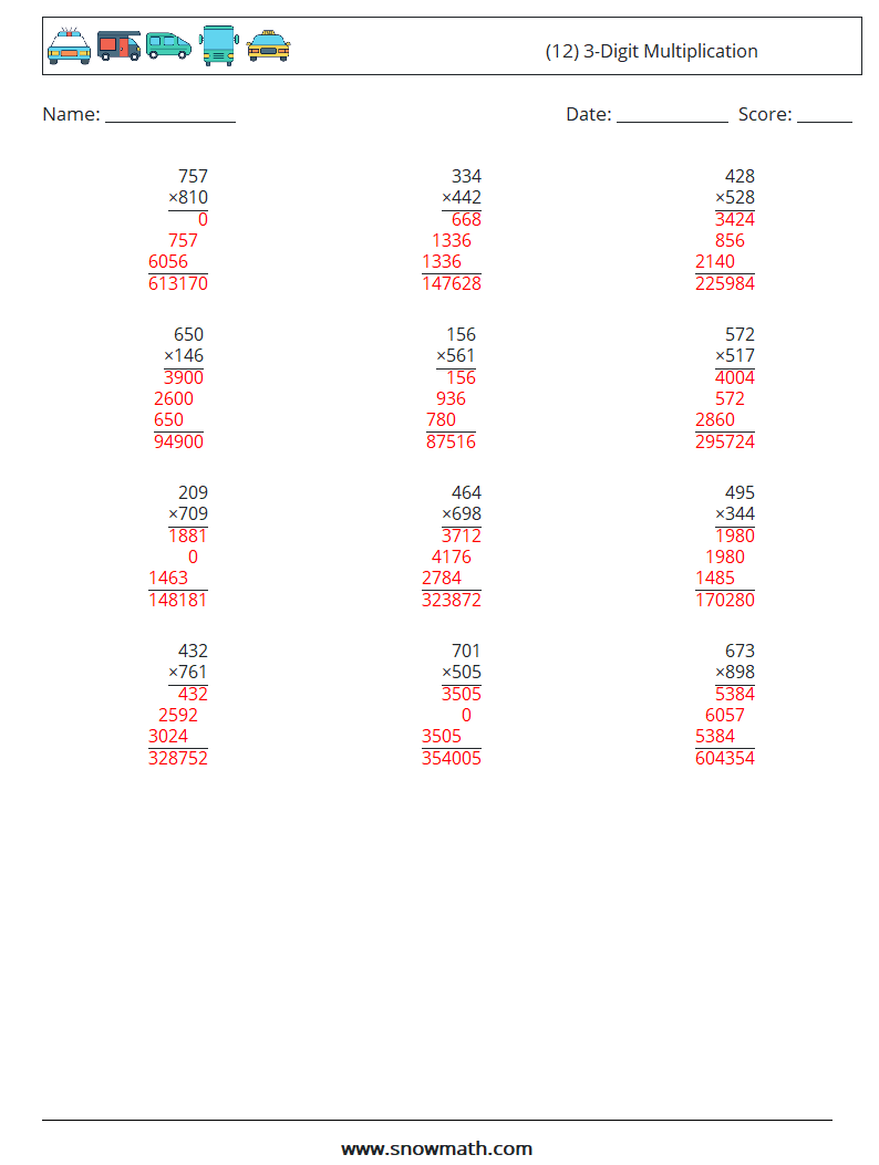 (12) 3-Digit Multiplication Math Worksheets 3 Question, Answer