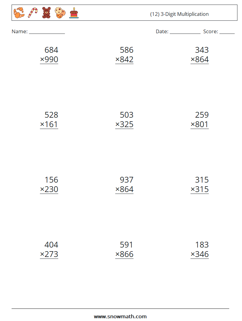 (12) 3-Digit Multiplication Math Worksheets 4