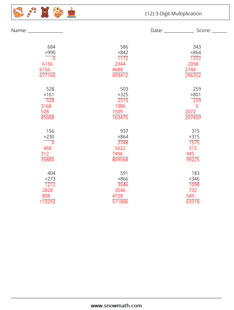 (12) 3-Digit Multiplication Math Worksheets 4 Question, Answer