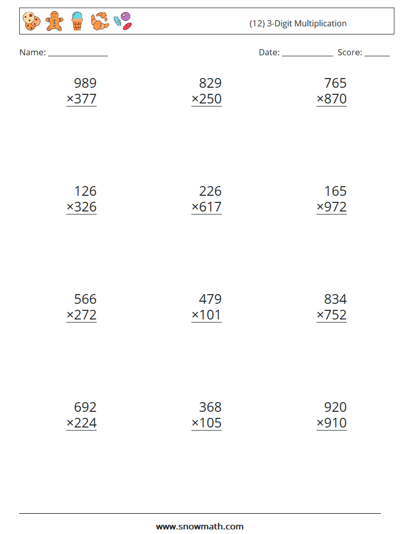 (12) 3-Digit Multiplication Math Worksheets 5