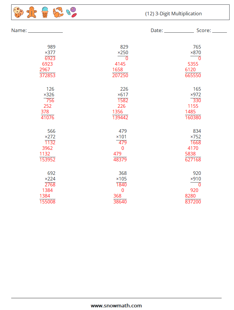 (12) 3-Digit Multiplication Math Worksheets 5 Question, Answer