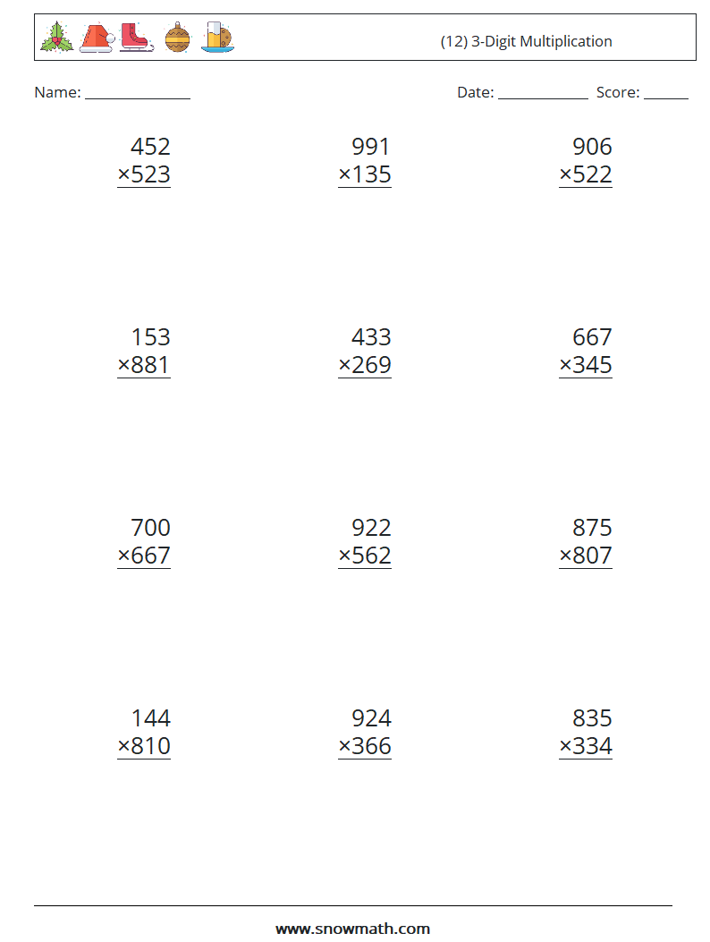 (12) 3-Digit Multiplication Math Worksheets 6