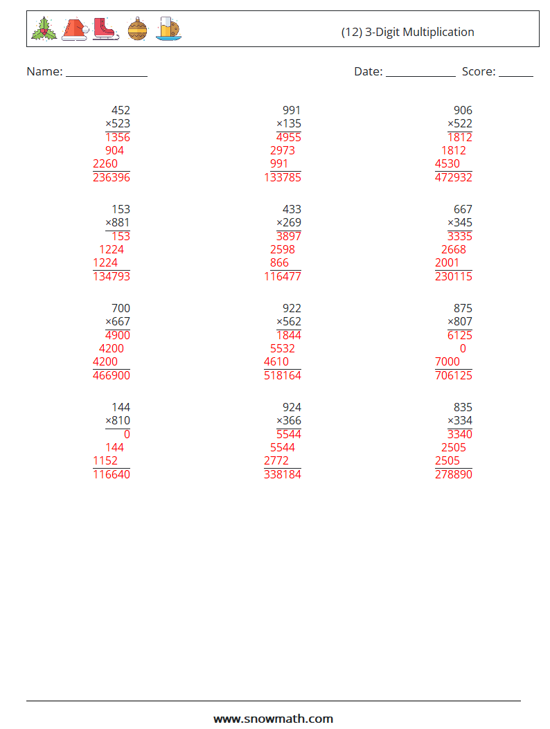 (12) 3-Digit Multiplication Math Worksheets 6 Question, Answer