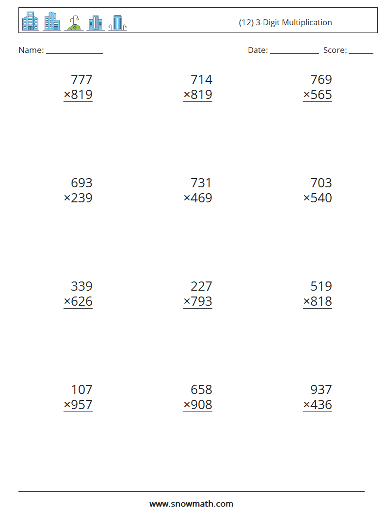 (12) 3-Digit Multiplication Math Worksheets 7