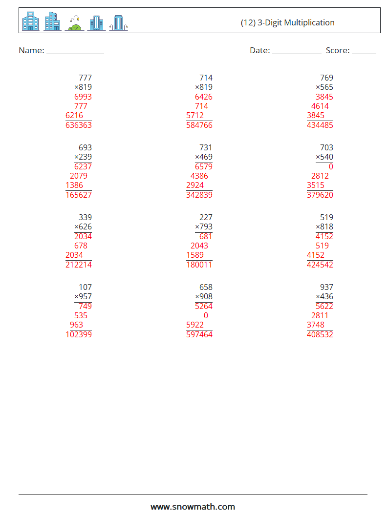 (12) 3-Digit Multiplication Math Worksheets 7 Question, Answer