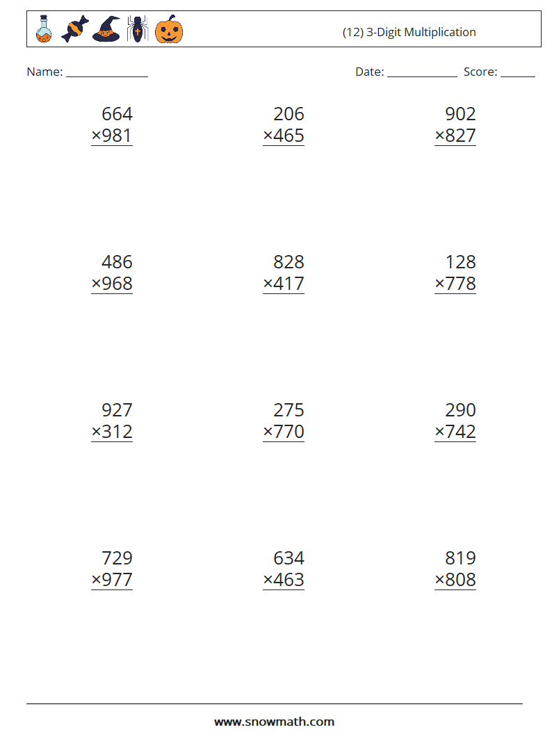 (12) 3-Digit Multiplication Math Worksheets 8