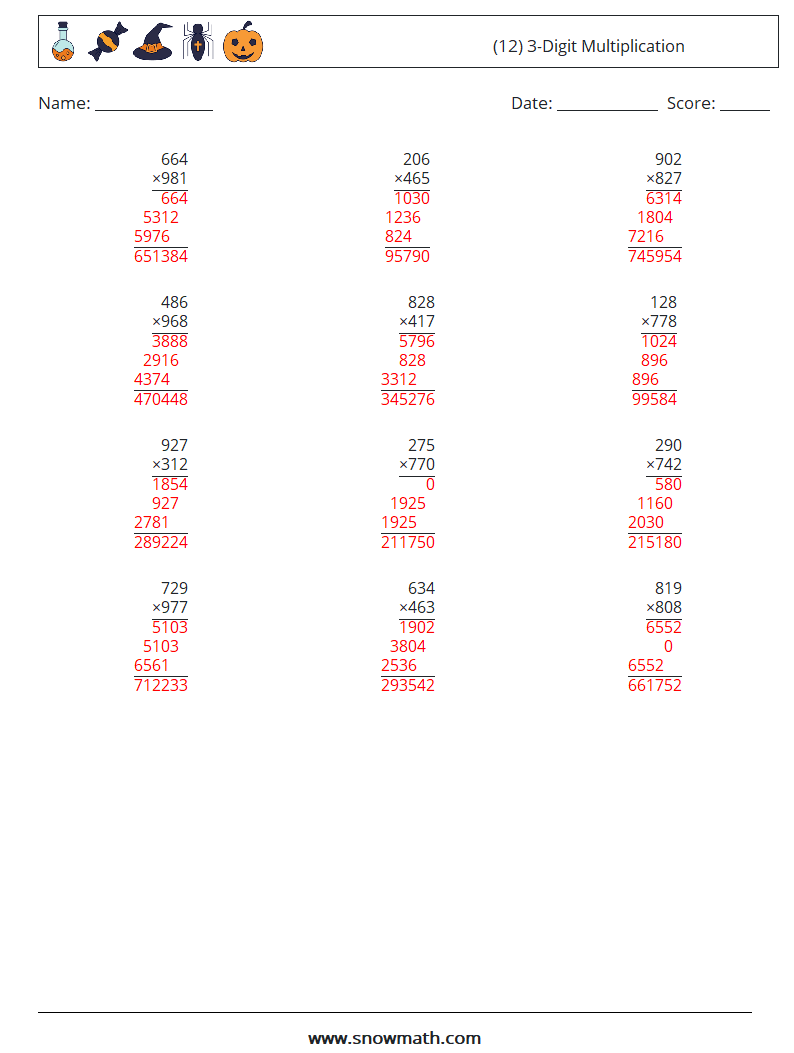 (12) 3-Digit Multiplication Math Worksheets 8 Question, Answer