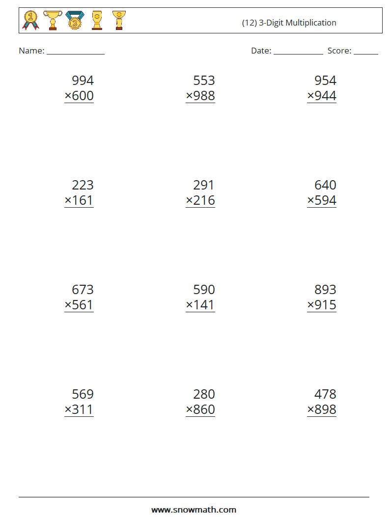 (12) 3-Digit Multiplication Math Worksheets 9