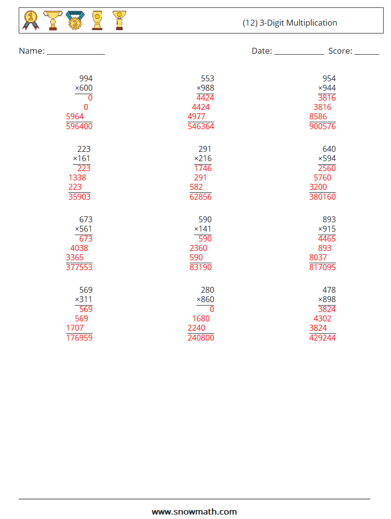 (12) 3-Digit Multiplication Math Worksheets 9 Question, Answer