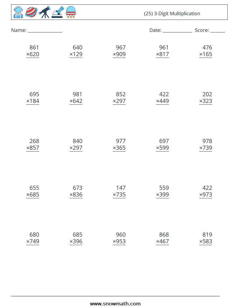 (25) 3-Digit Multiplication Math Worksheets 1