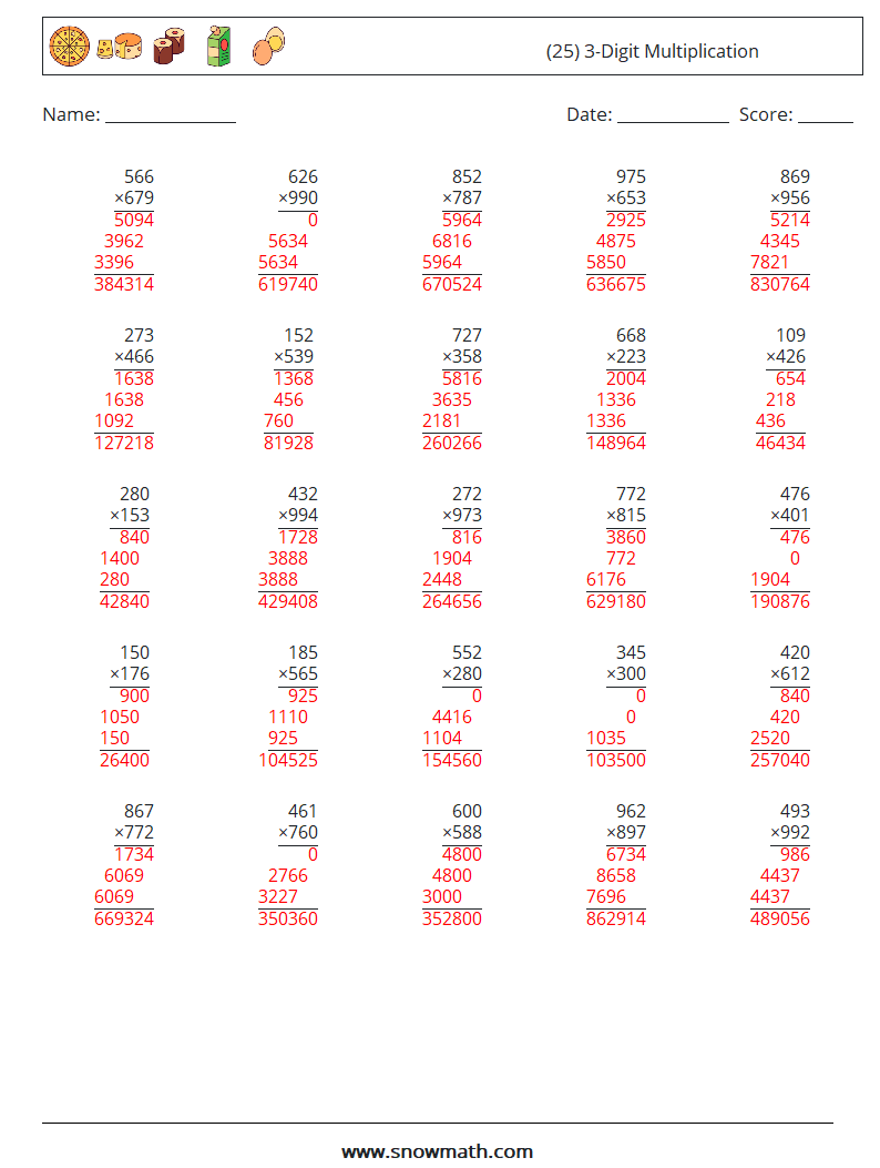 (25) 3-Digit Multiplication Math Worksheets 10 Question, Answer