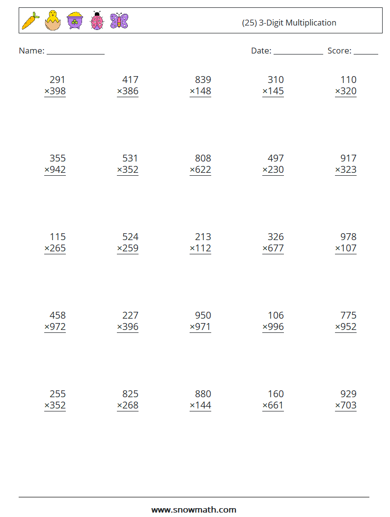 (25) 3-Digit Multiplication Math Worksheets 11