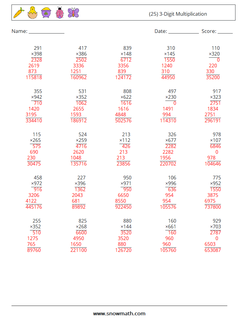 (25) 3-Digit Multiplication Math Worksheets 11 Question, Answer