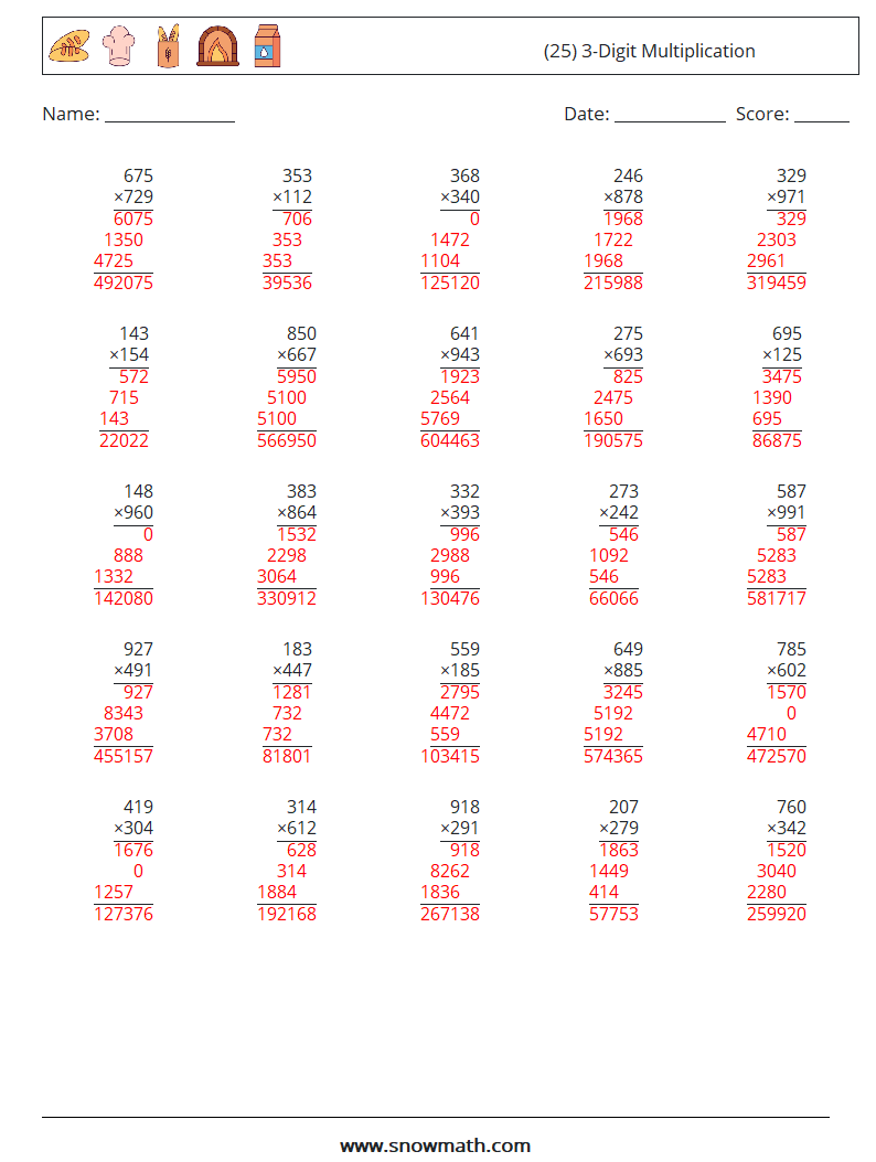 (25) 3-Digit Multiplication Math Worksheets 12 Question, Answer