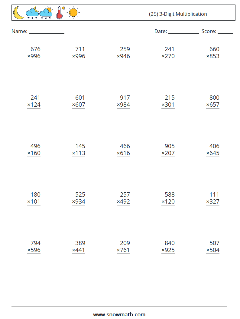 (25) 3-Digit Multiplication Math Worksheets 13