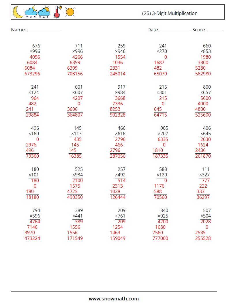 (25) 3-Digit Multiplication Math Worksheets 13 Question, Answer