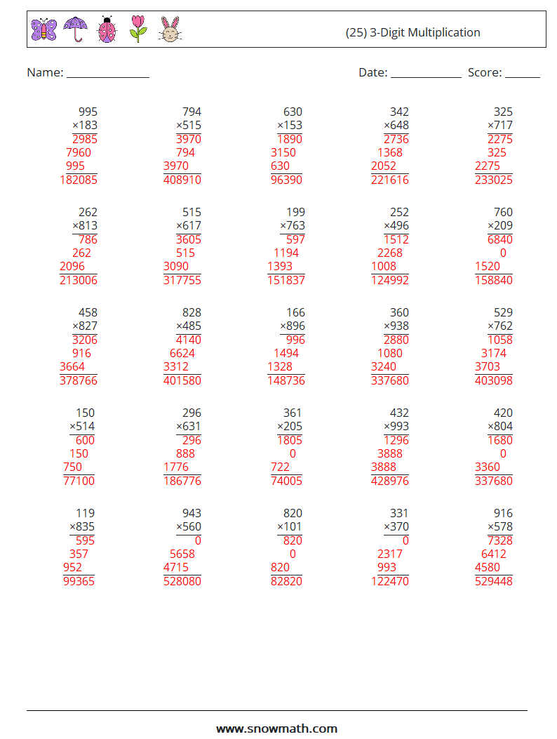 (25) 3-Digit Multiplication Math Worksheets 14 Question, Answer