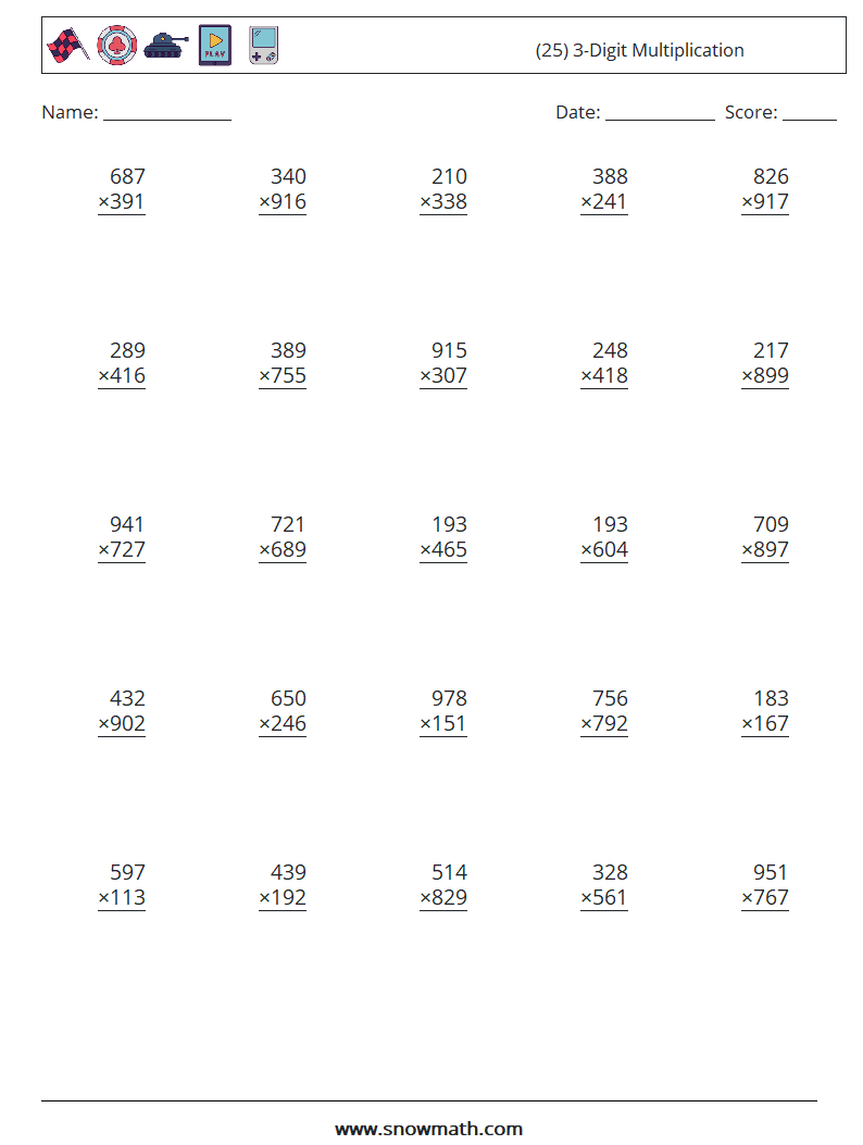 (25) 3-Digit Multiplication Math Worksheets 15