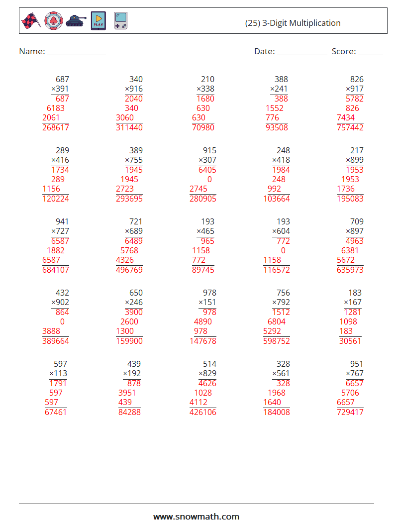 (25) 3-Digit Multiplication Math Worksheets 15 Question, Answer