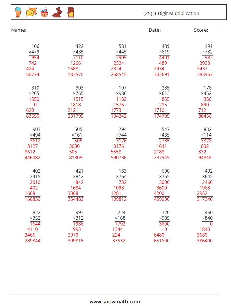 (25) 3-Digit Multiplication Math Worksheets 16 Question, Answer