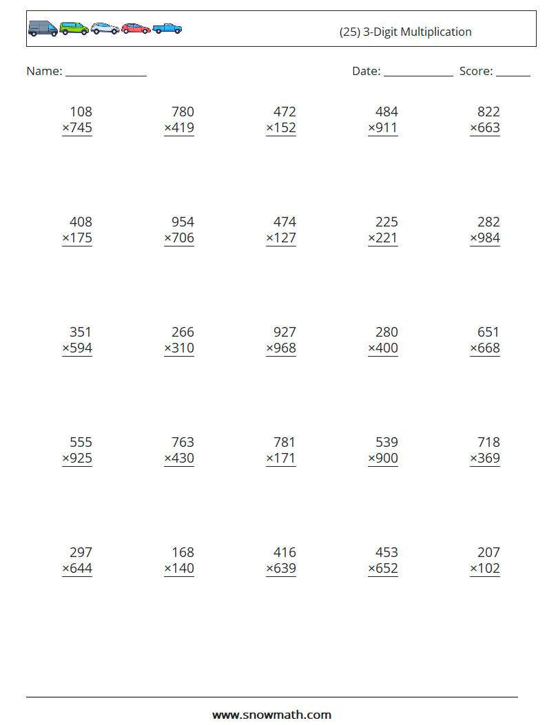 (25) 3-Digit Multiplication Math Worksheets 17
