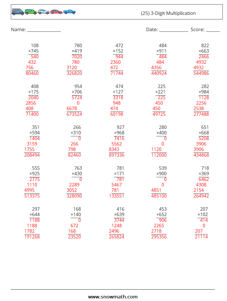 (25) 3-Digit Multiplication Math Worksheets 17 Question, Answer