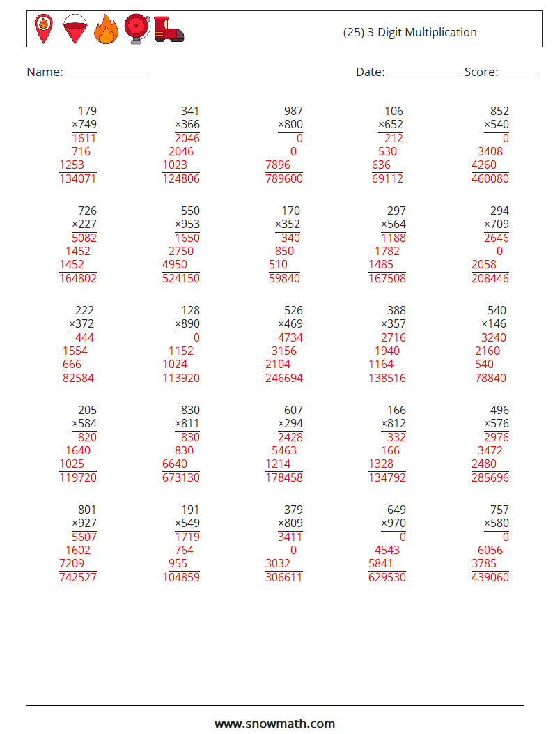 (25) 3-Digit Multiplication Math Worksheets 18 Question, Answer