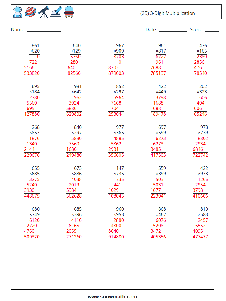 (25) 3-Digit Multiplication Math Worksheets 1 Question, Answer