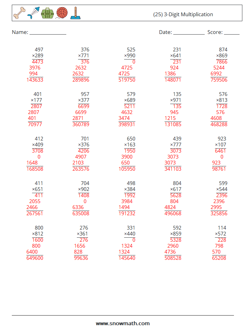 (25) 3-Digit Multiplication Math Worksheets 2 Question, Answer