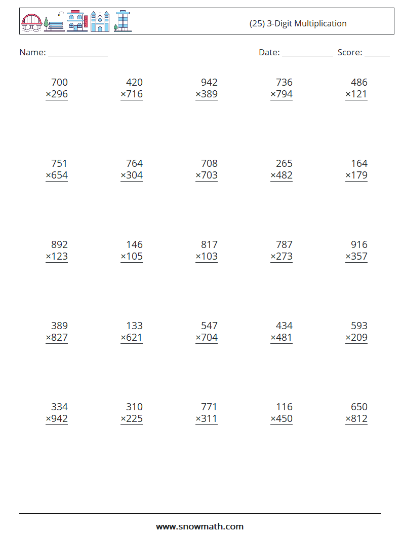 (25) 3-Digit Multiplication Math Worksheets 3