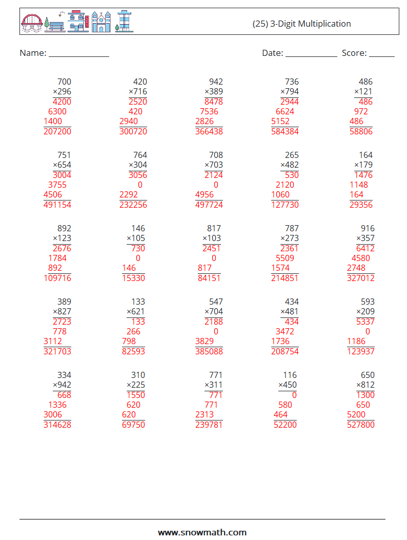 (25) 3-Digit Multiplication Math Worksheets 3 Question, Answer