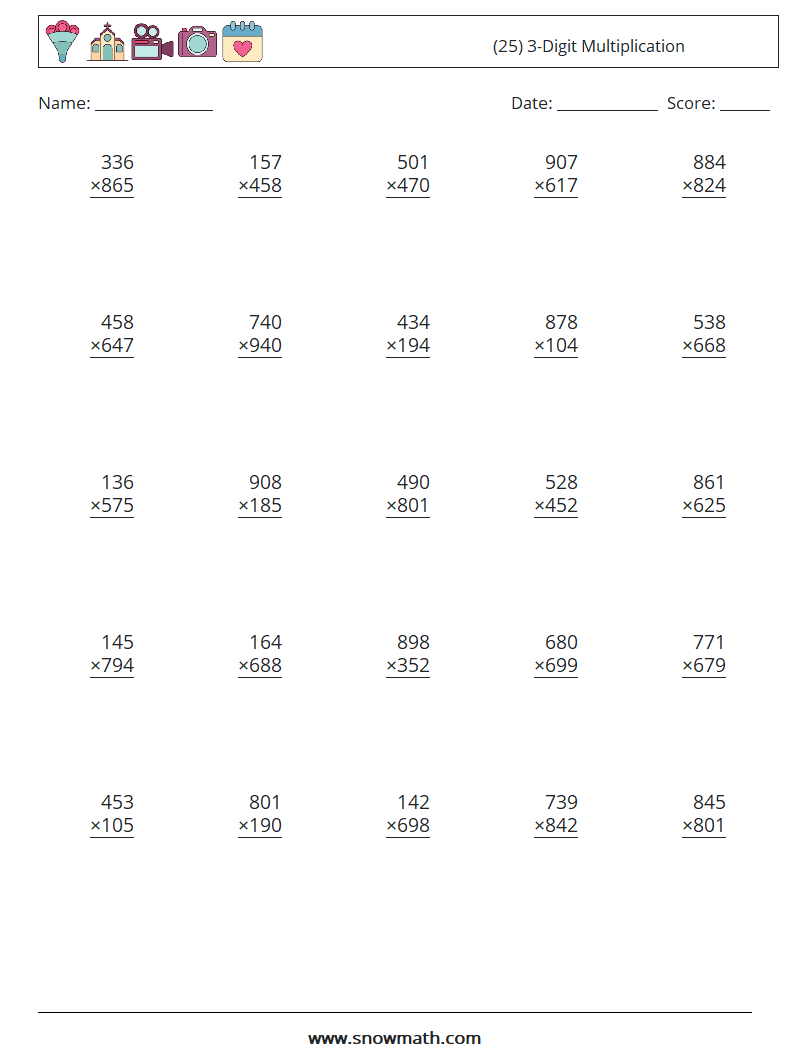 (25) 3-Digit Multiplication Math Worksheets 4