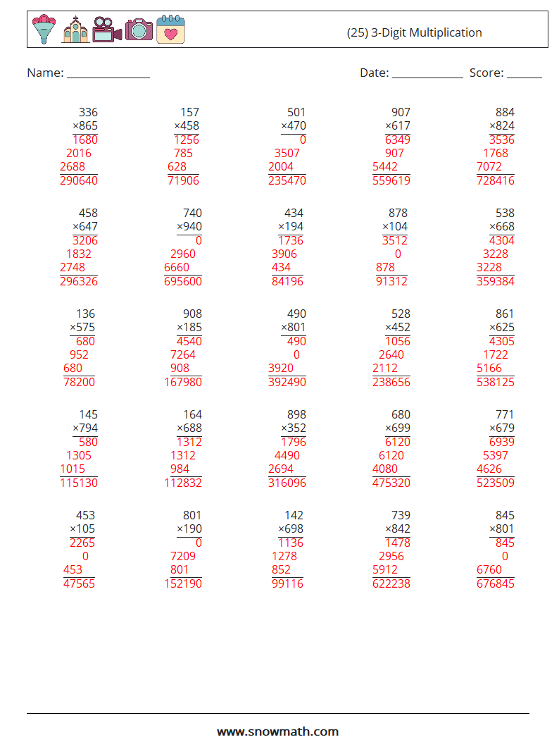 (25) 3-Digit Multiplication Math Worksheets 4 Question, Answer