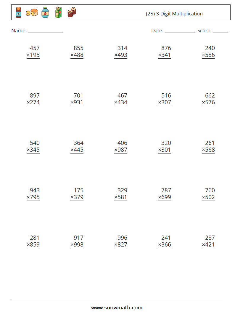 (25) 3-Digit Multiplication Math Worksheets 5