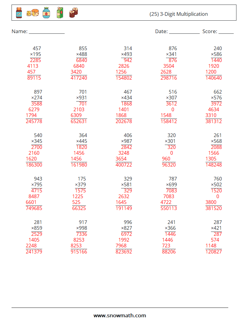 (25) 3-Digit Multiplication Math Worksheets 5 Question, Answer