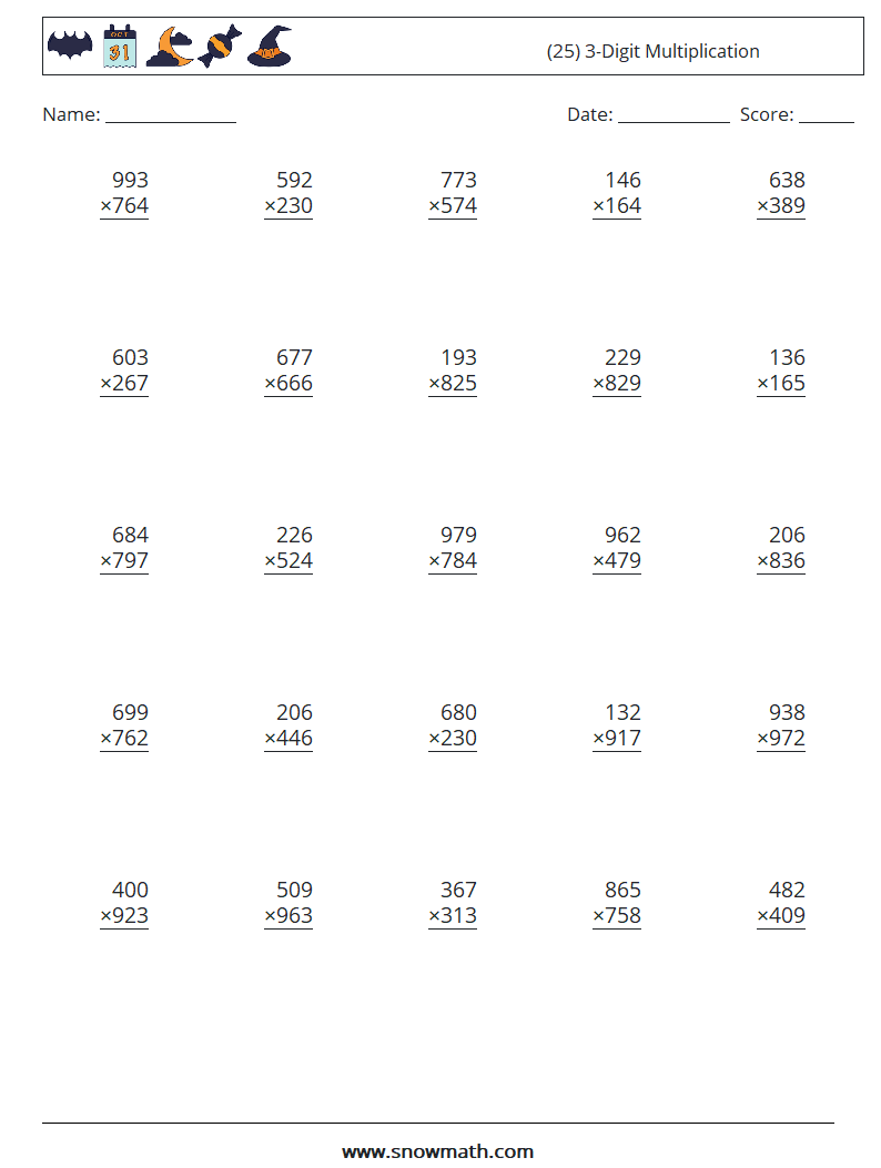 (25) 3-Digit Multiplication Math Worksheets 6