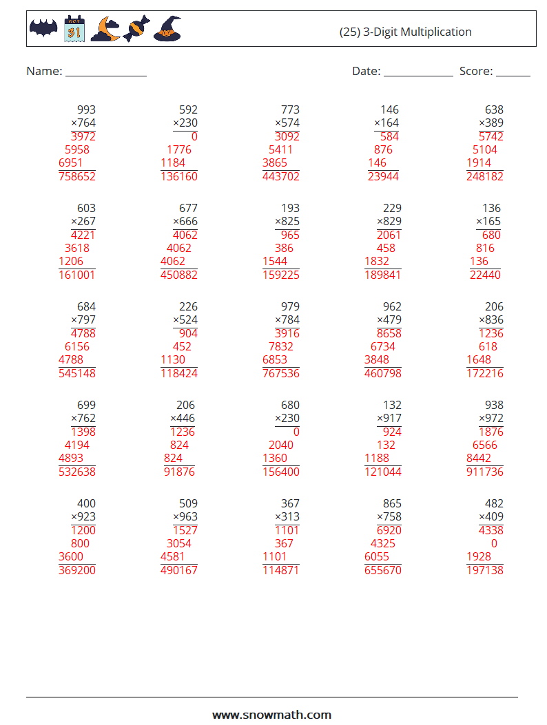 (25) 3-Digit Multiplication Math Worksheets 6 Question, Answer