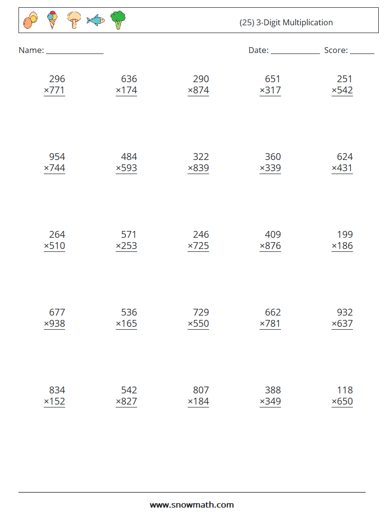(25) 3-Digit Multiplication Math Worksheets 7