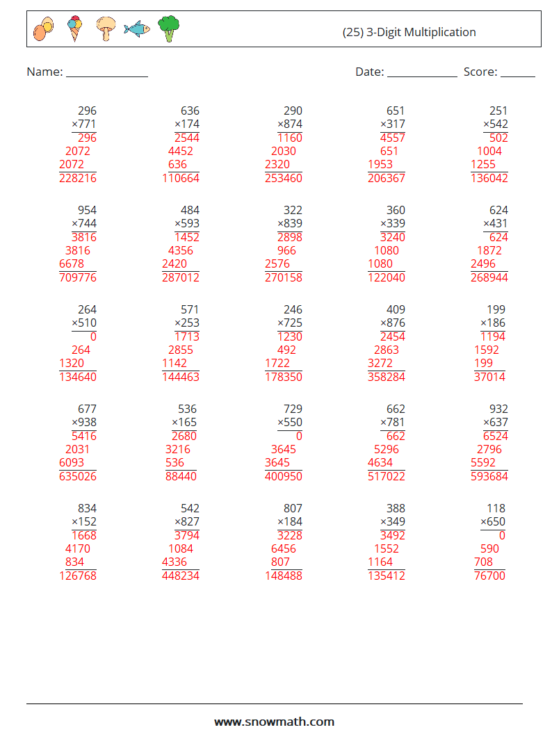 (25) 3-Digit Multiplication Math Worksheets 7 Question, Answer