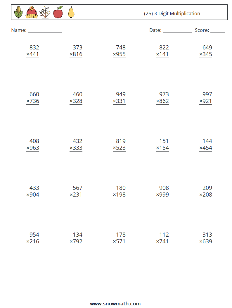 (25) 3-Digit Multiplication Math Worksheets 8