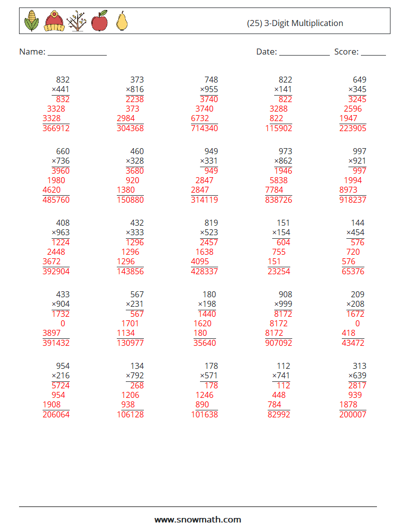 (25) 3-Digit Multiplication Math Worksheets 8 Question, Answer