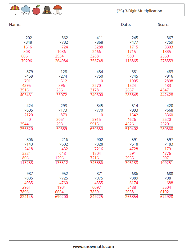 (25) 3-Digit Multiplication Math Worksheets 9 Question, Answer