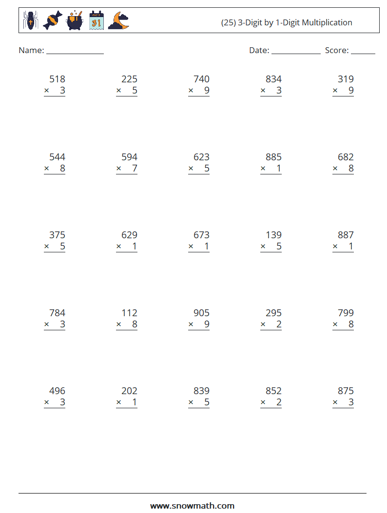 (25) 3-Digit by 1-Digit Multiplication Math Worksheets 1
