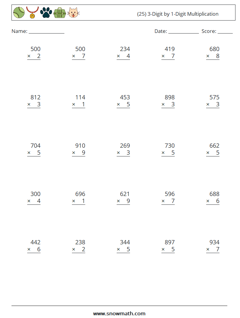 (25) 3-Digit by 1-Digit Multiplication Math Worksheets 10
