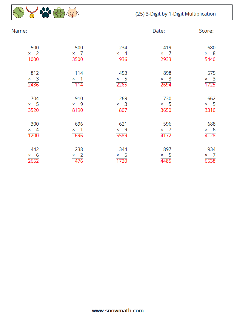 (25) 3-Digit by 1-Digit Multiplication Math Worksheets 10 Question, Answer